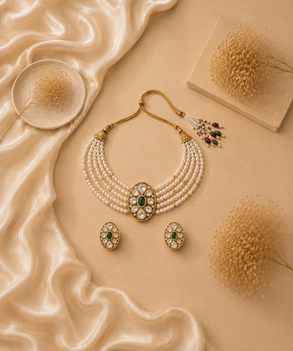 Gold Plated Green Kundan Semi Cultured Pearl Choker Set