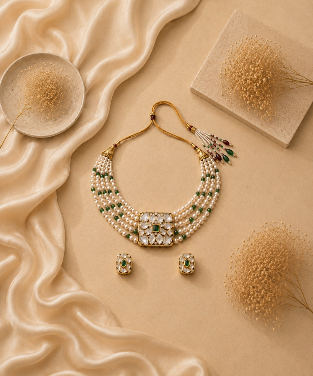 Gold Plated Green Kundan Semi Cultured Pearl Choker Set