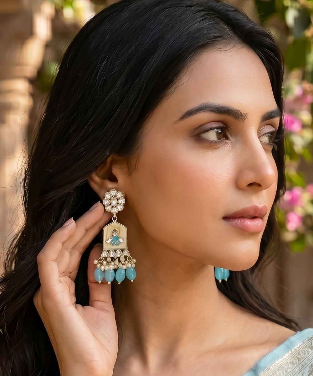 Gold Plated Kundan Blue Pearl Drop Earrings
