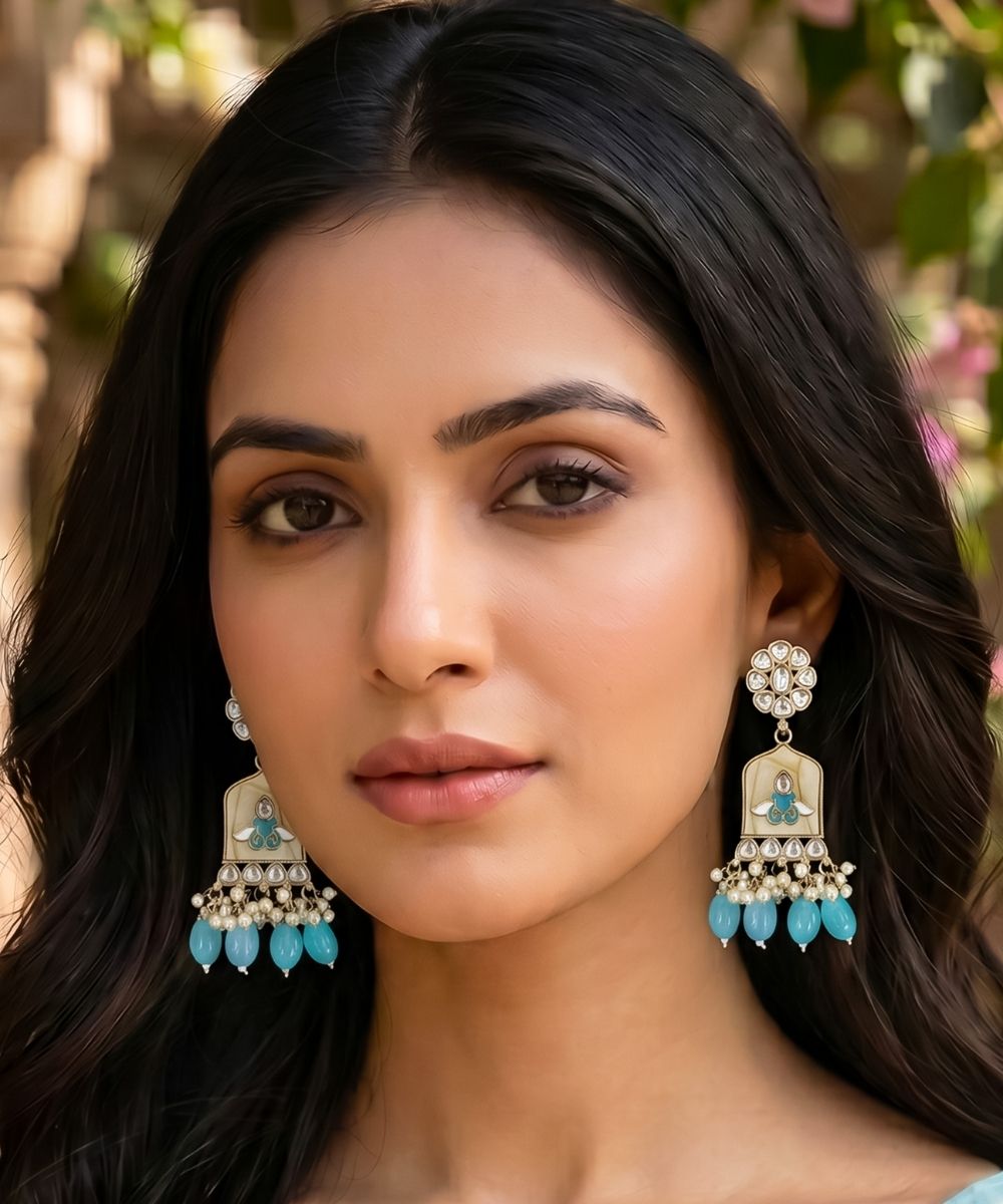 Gold Plated Kundan Blue Pearl Drop Earrings