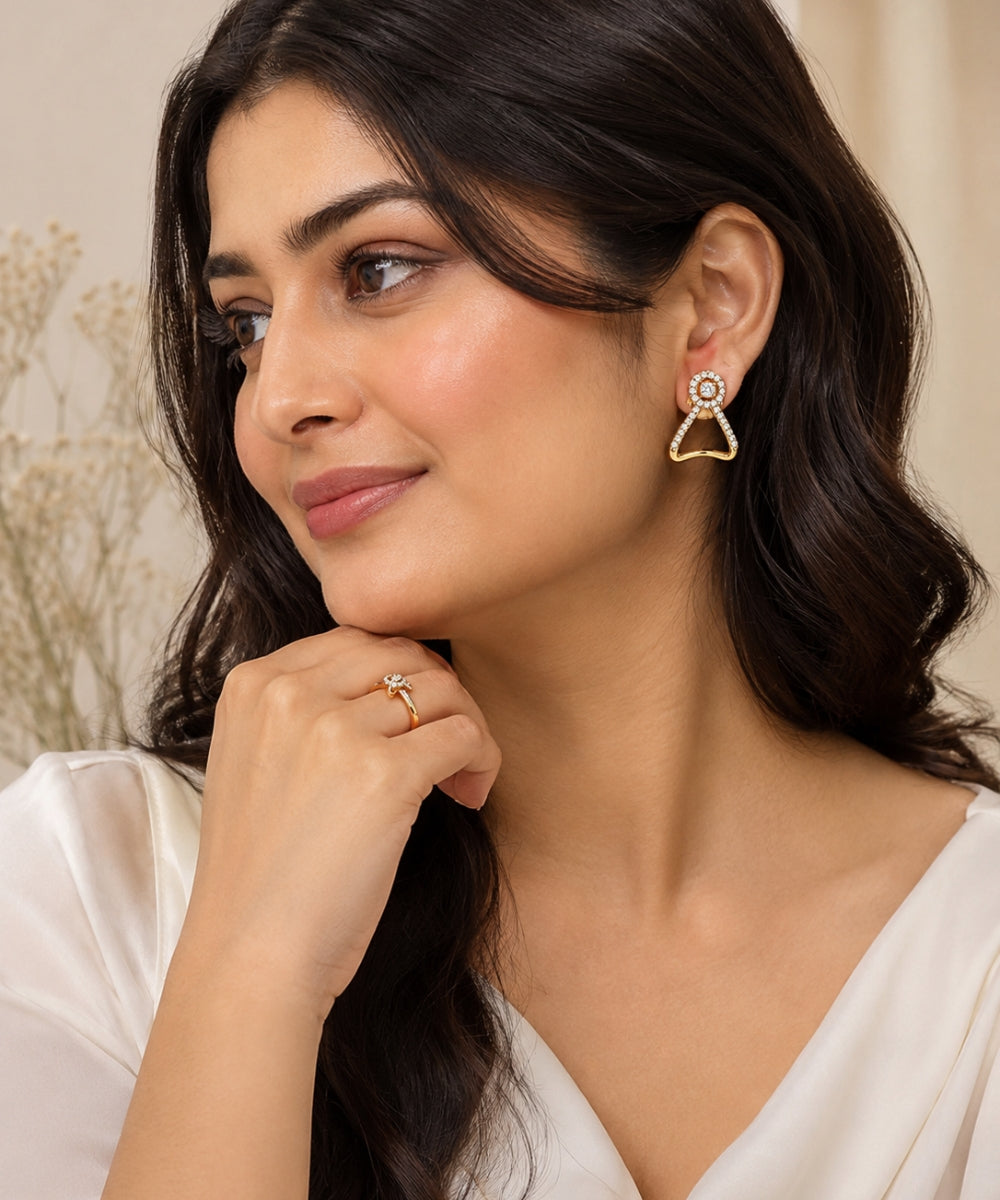 Gold Plated Cubic Zirconia Halo Style Drop Earrings