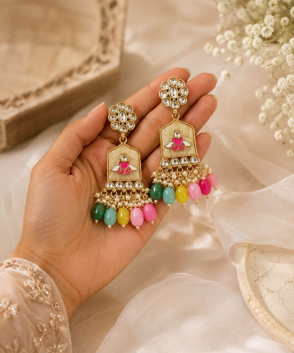 Gold Plated Kundan Multi Color Pearl Drop Earrings