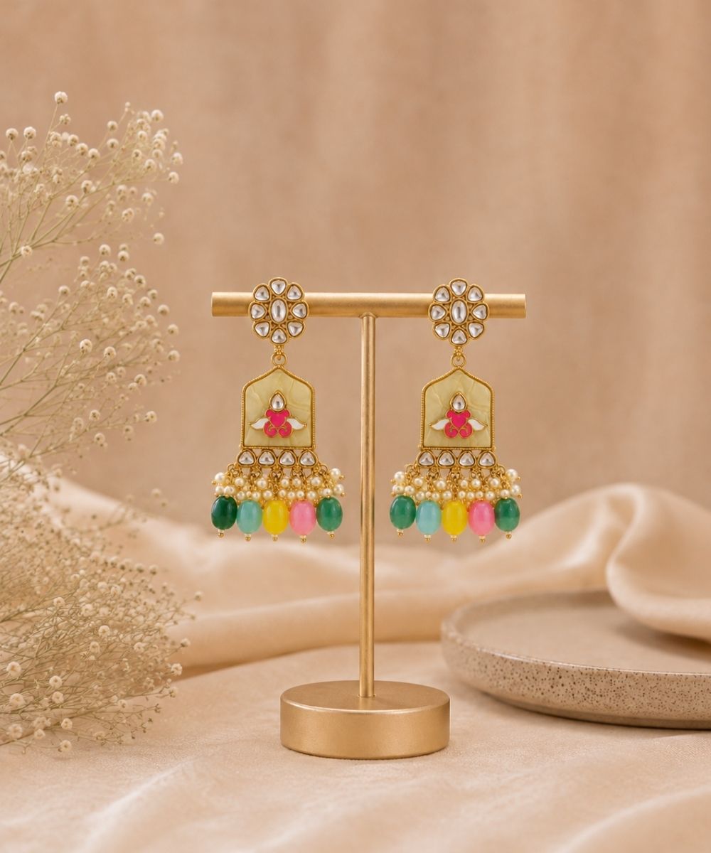 Gold Plated Kundan Multi Color Pearl Drop Earrings