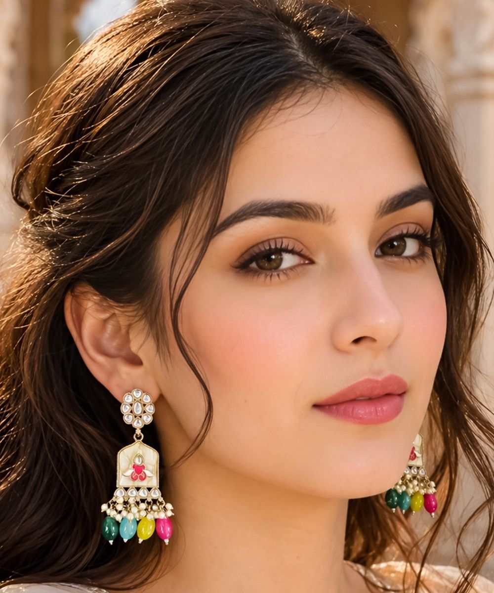 Gold Plated Kundan Multi Color Pearl Drop Earrings