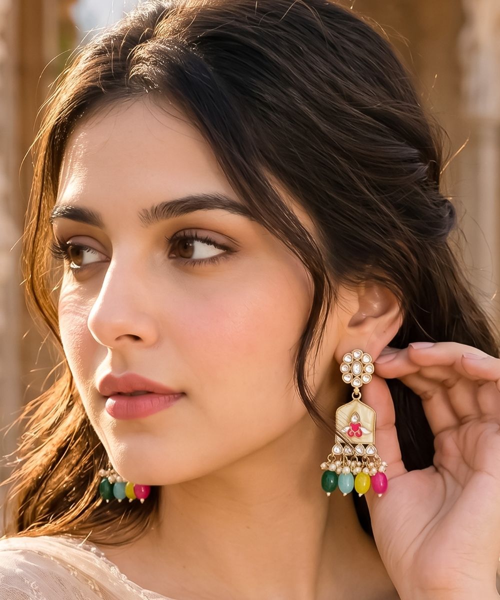 Gold Plated Kundan Multi Color Pearl Drop Earrings