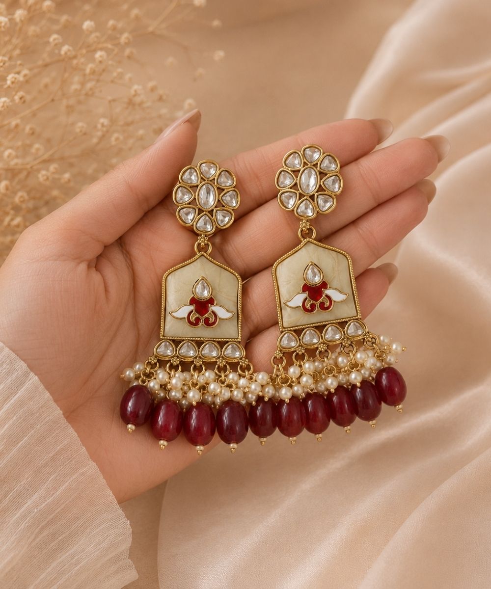 Gold Plated Kundan Maroon Pearl Drop Earrings