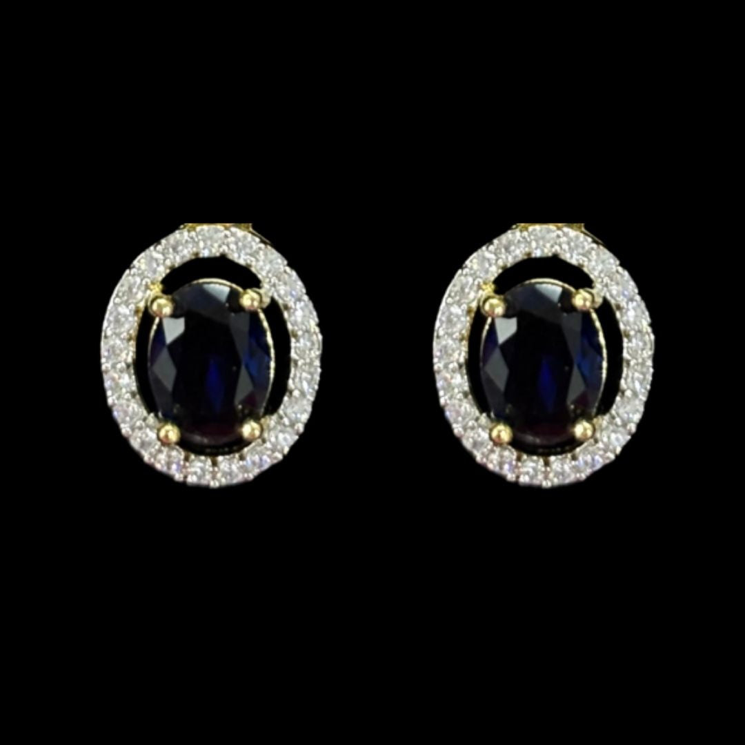 Blue Sapphire Luxe Gold-Plated Solitaire Halo Pendant & Earrings Set – A Regal Touch of Blue