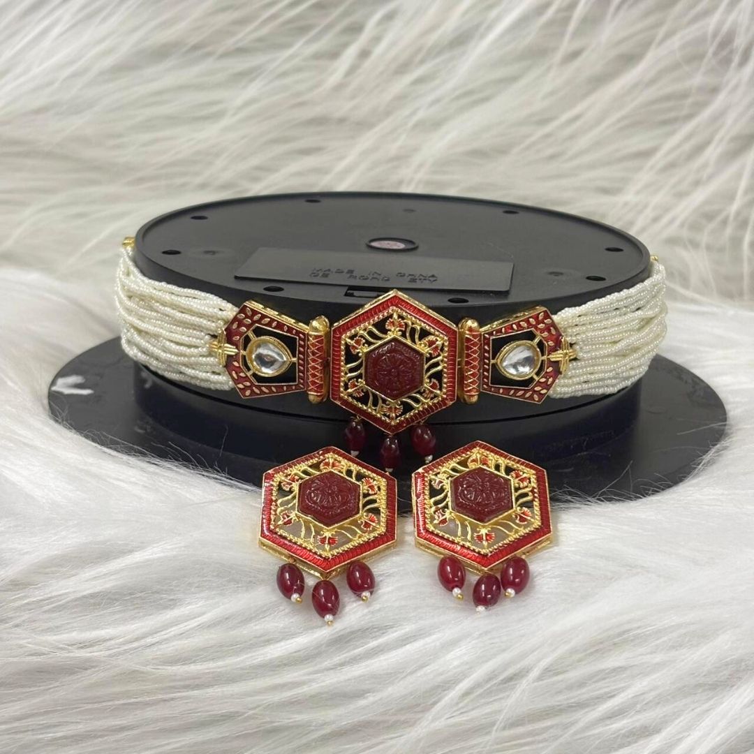 Gold Plated Kundan & Pearl Choker Set