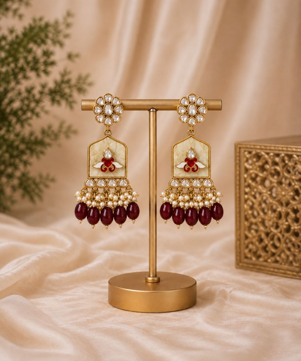 Gold Plated Kundan Maroon Pearl Drop Earrings