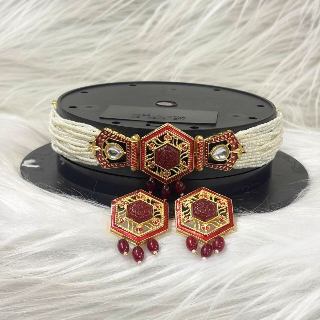 Gold Plated Kundan & Pearl Choker Set