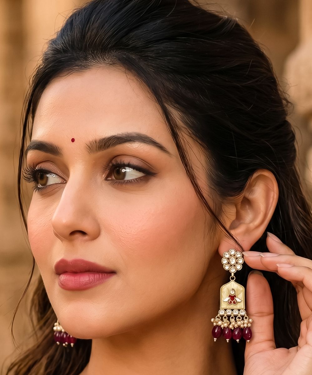 Gold Plated Kundan Maroon Pearl Drop Earrings