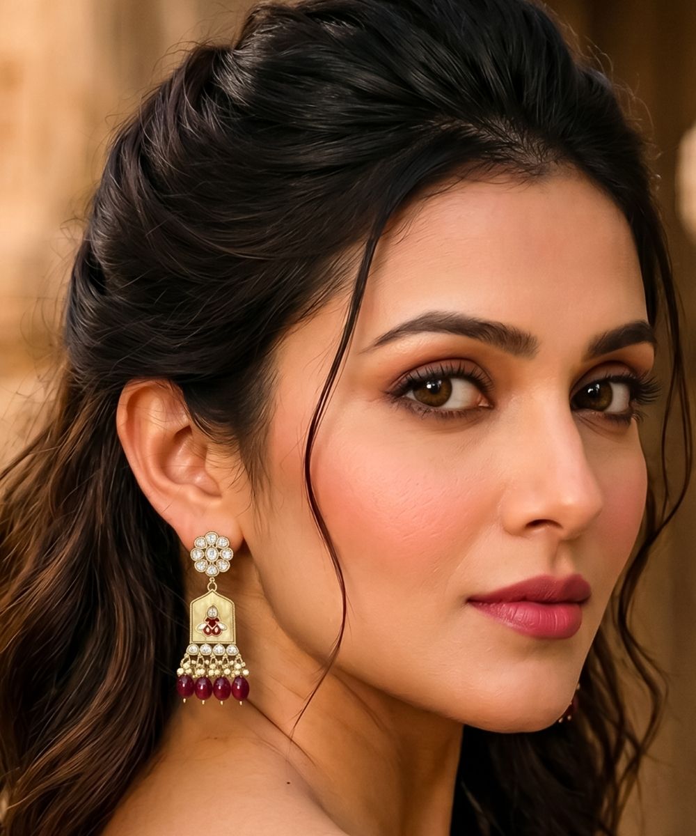 Gold Plated Kundan Maroon Pearl Drop Earrings