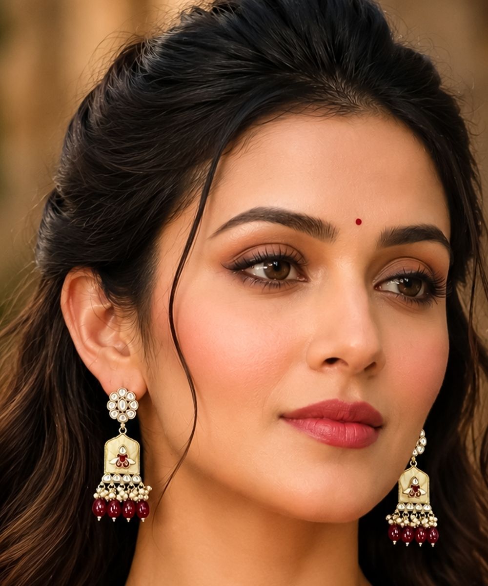 Gold Plated Kundan Maroon Pearl Drop Earrings