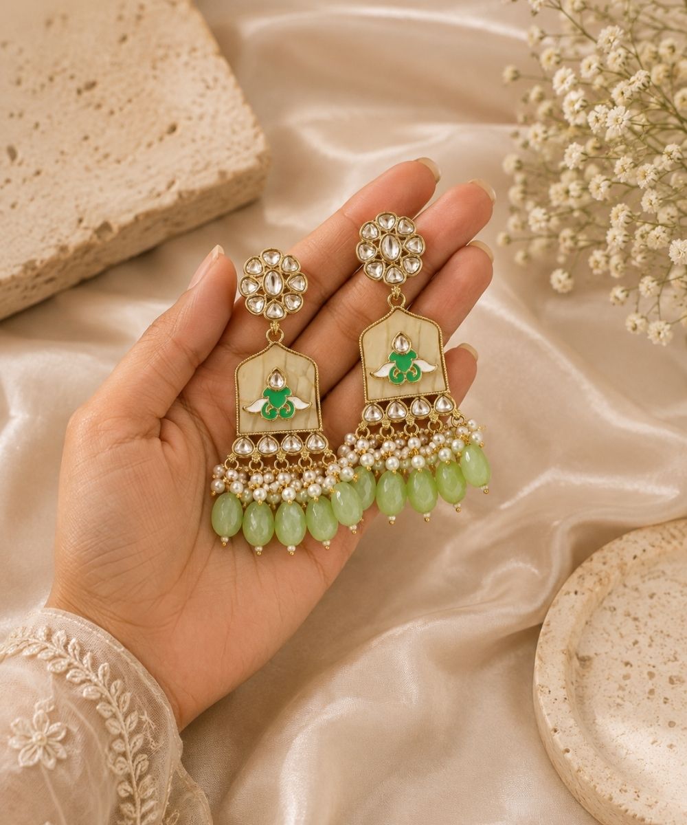 Gold Plated Kundan Green Pearl Drop Earrings