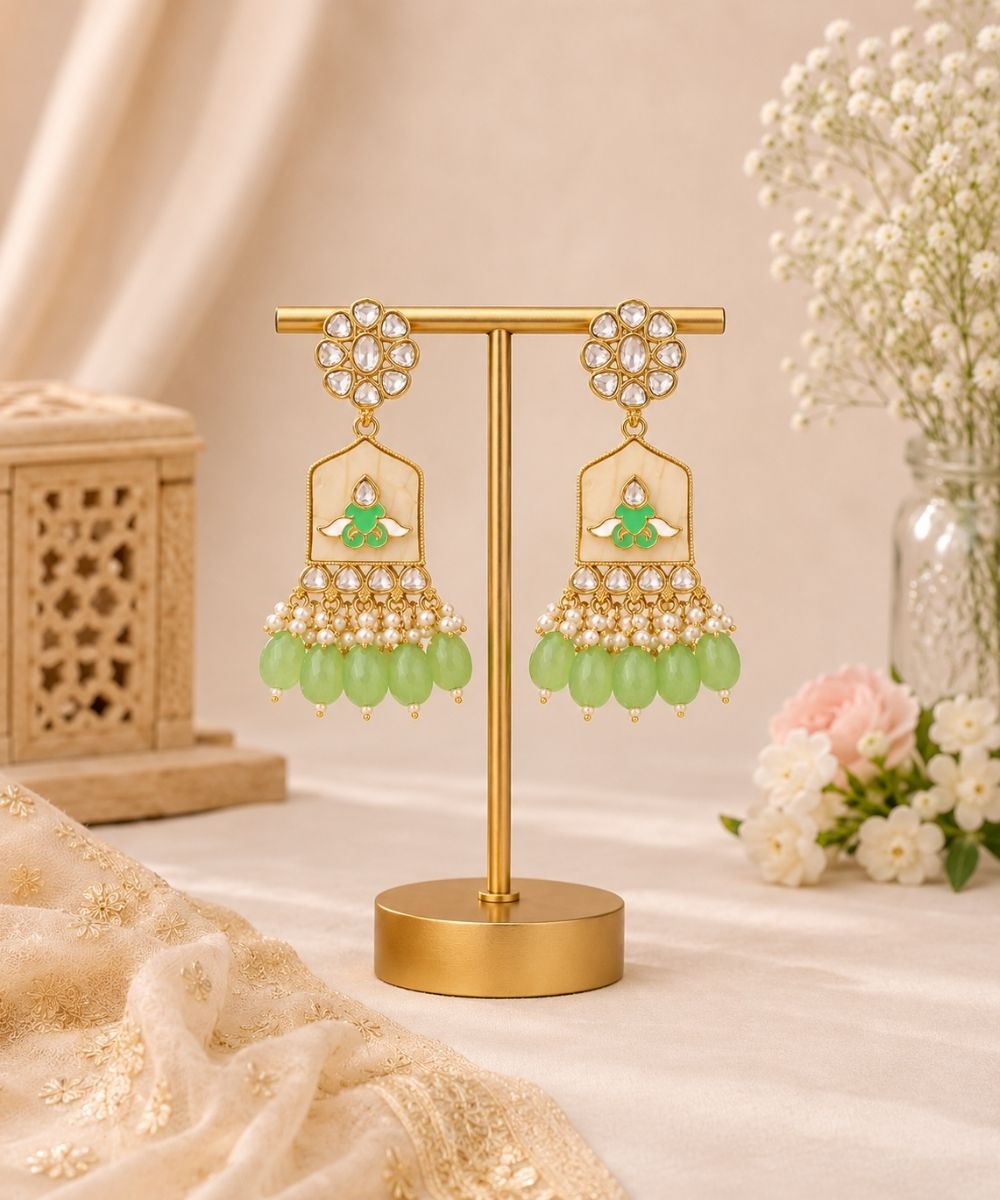 Gold Plated Kundan Green Pearl Drop Earrings