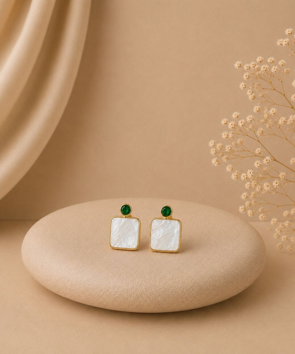Gold Plated Mother of Pearl CZ Drop Earrings