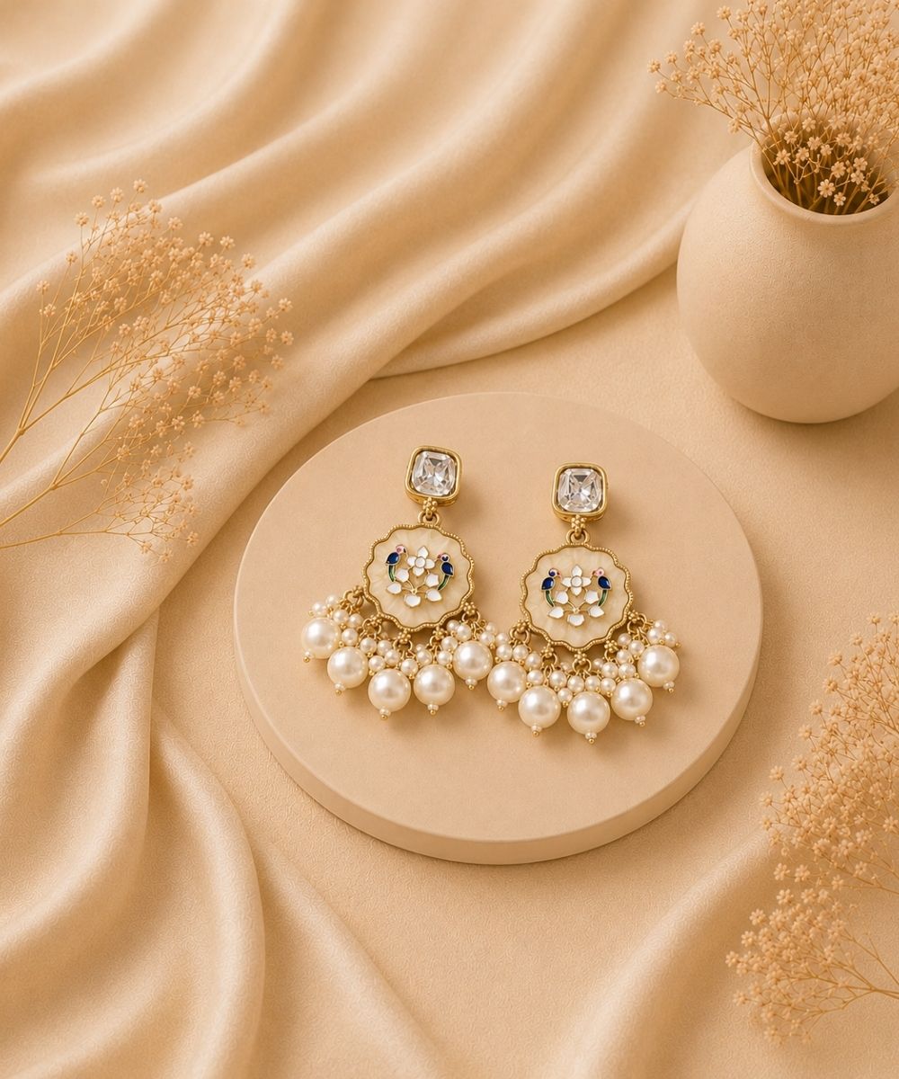 Gold Plated Kundan White Pearl Drop Earrings