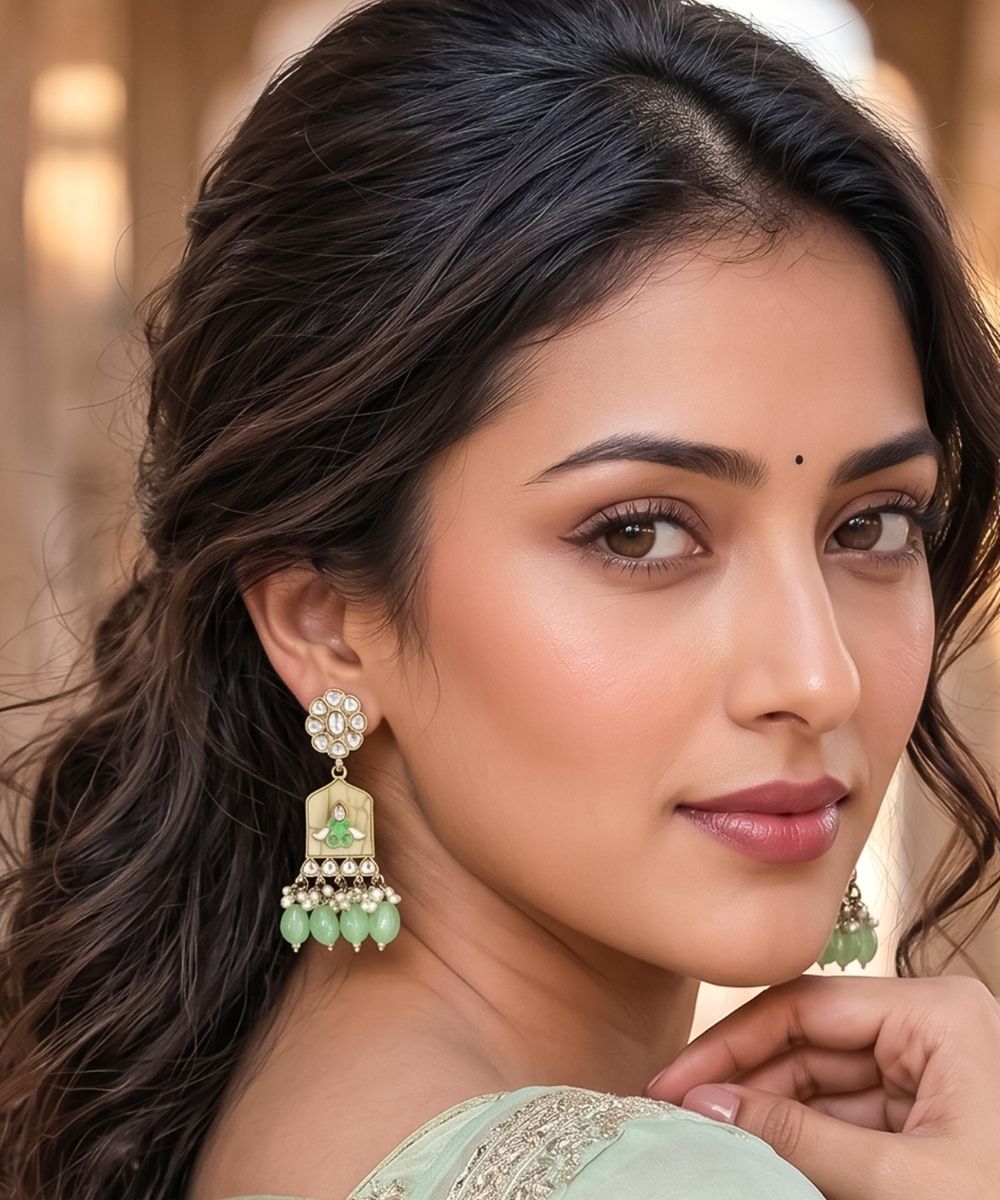 Gold Plated Kundan Green Pearl Drop Earrings