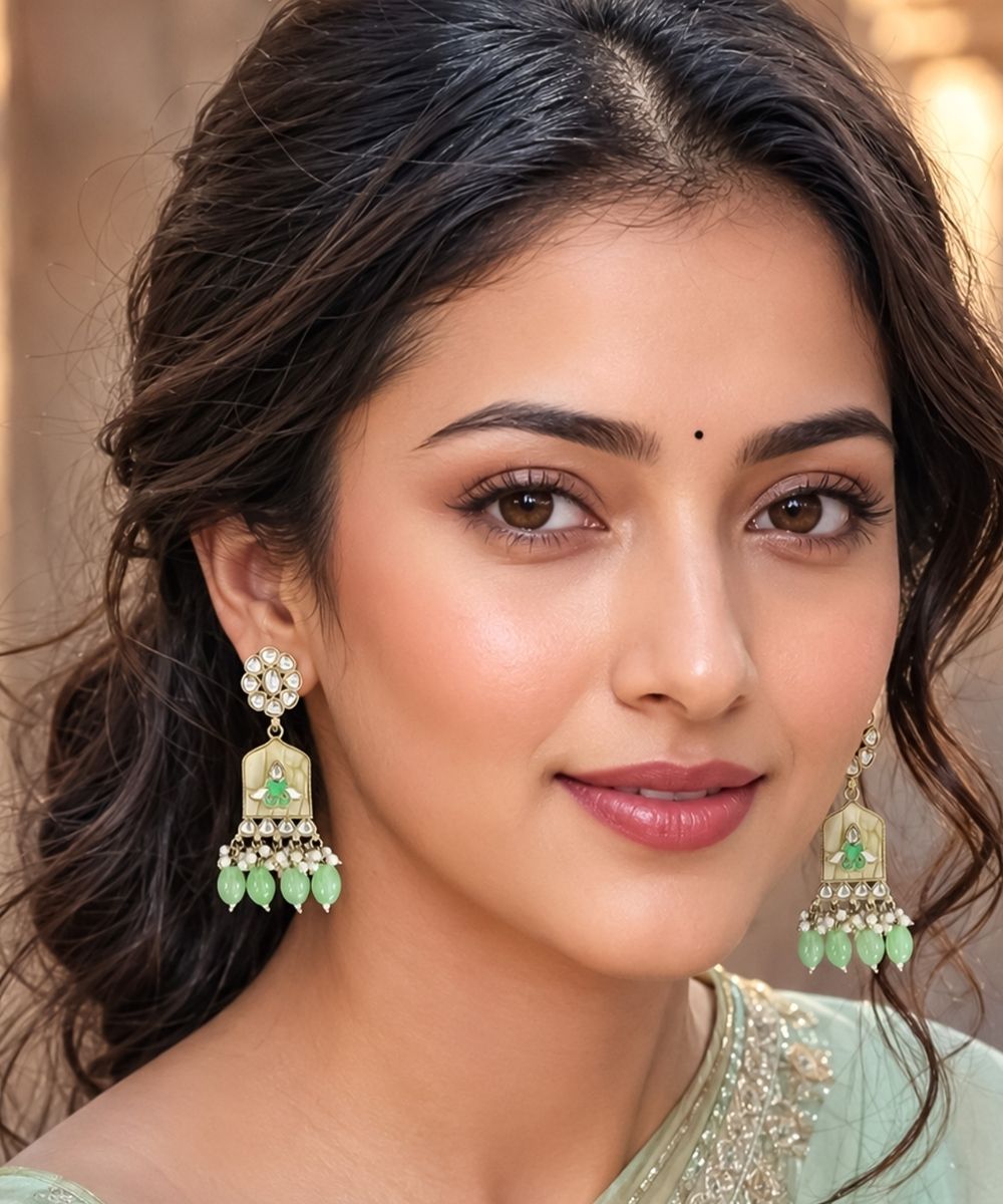 Gold Plated Kundan Green Pearl Drop Earrings
