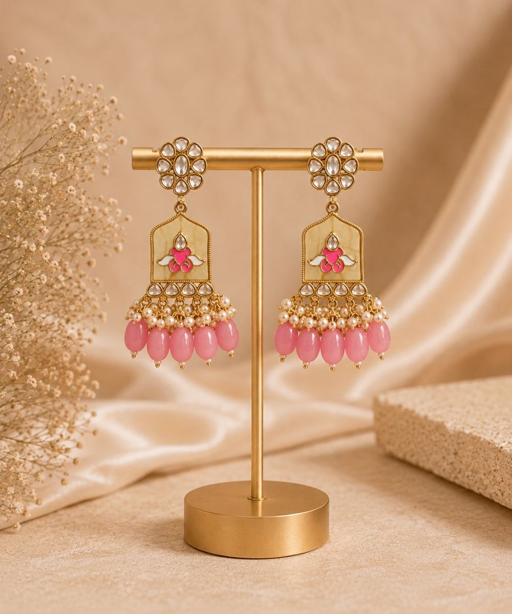 Gold Plated Kundan Pink Pearl Drop Earrings