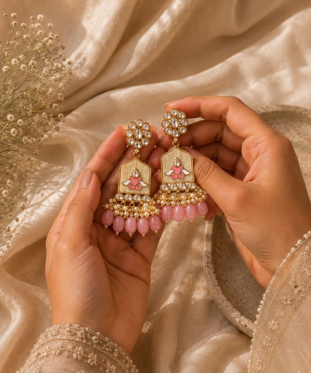 Gold Plated Kundan Pink Pearl Drop Earrings