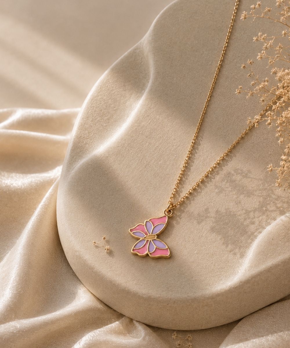 Gold Plated Butterfly Style Enamel Pendant Necklace