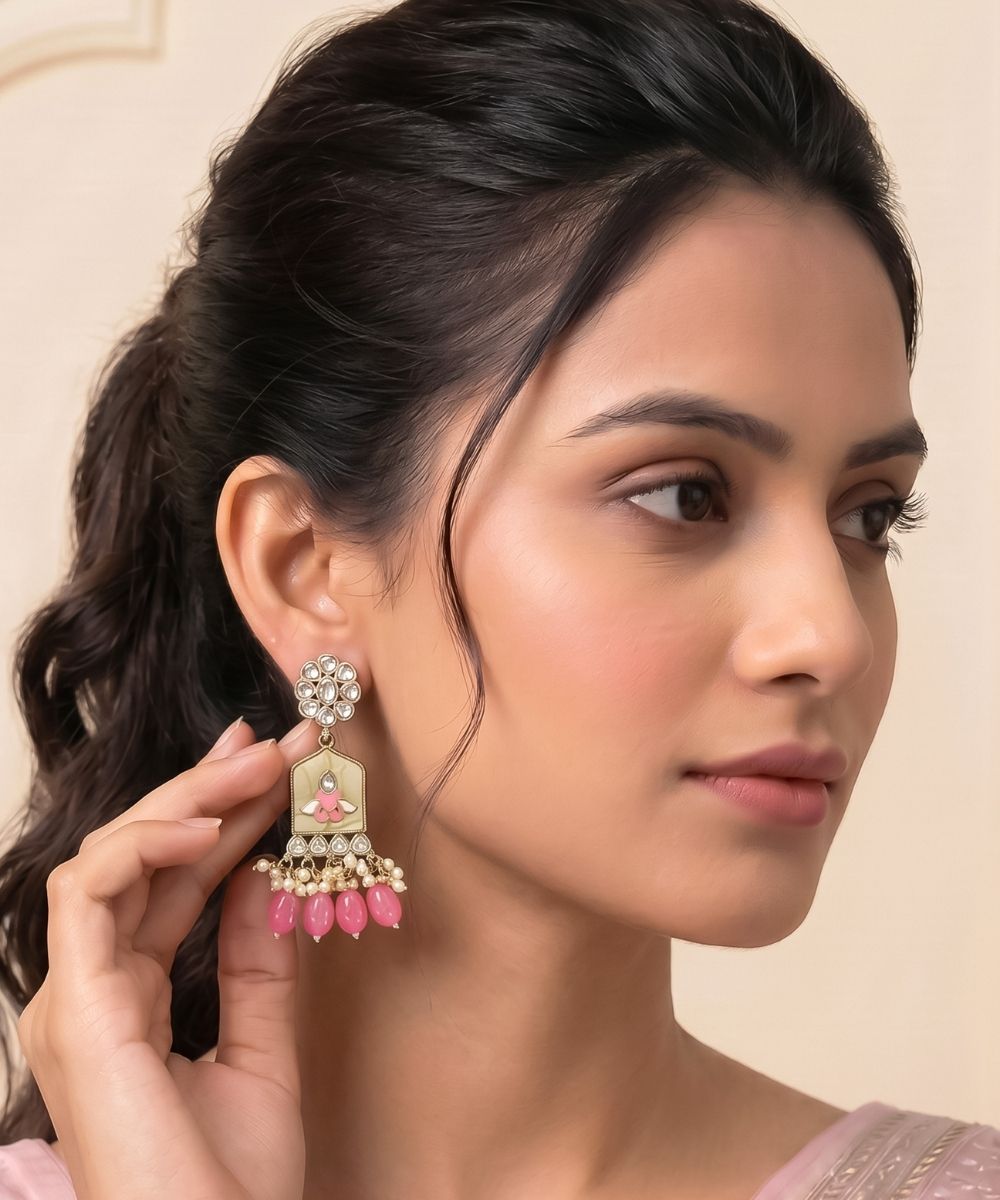 Gold Plated Kundan Pink Pearl Drop Earrings