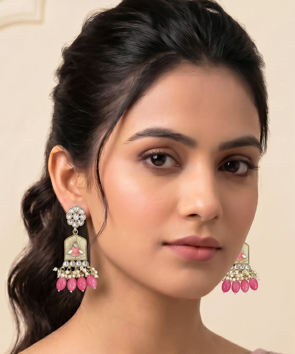 Gold Plated Kundan Pink Pearl Drop Earrings
