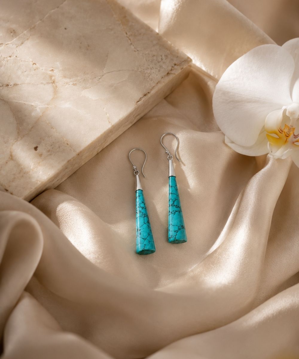Rhodium Plated Turquoise Stone Dangle Earrings