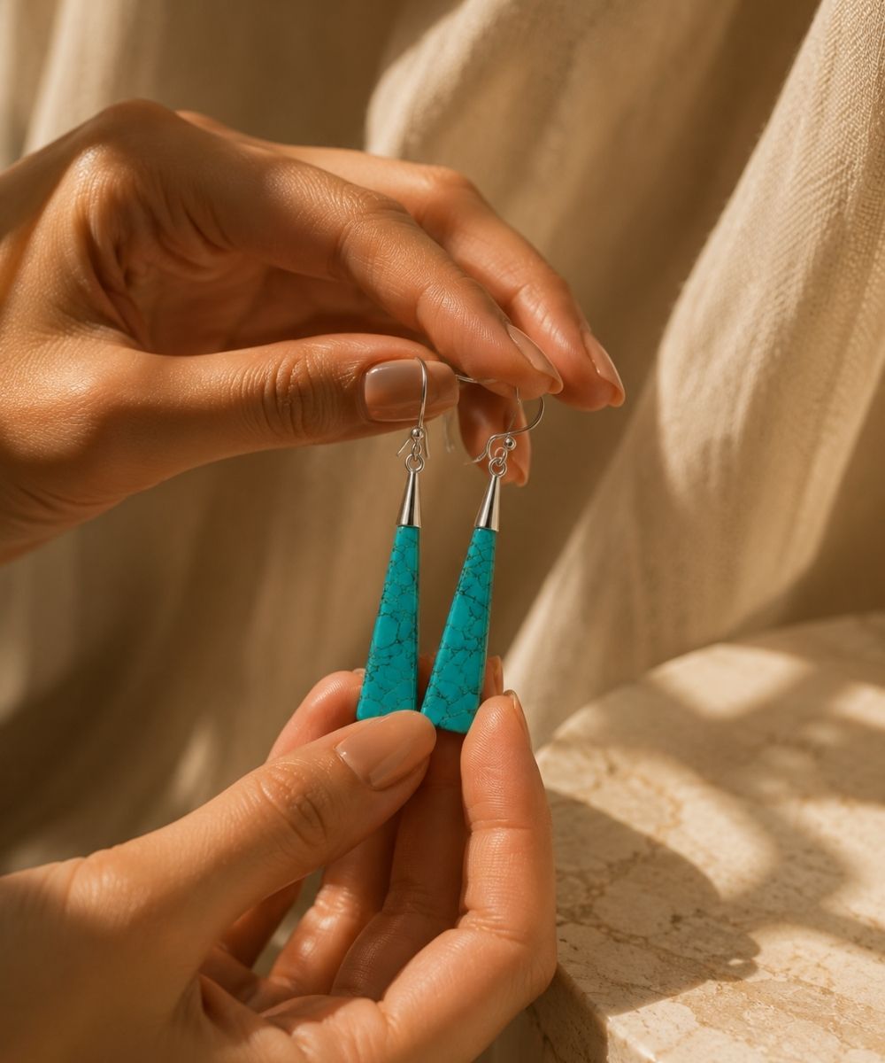 Rhodium Plated Turquoise Stone Dangle Earrings