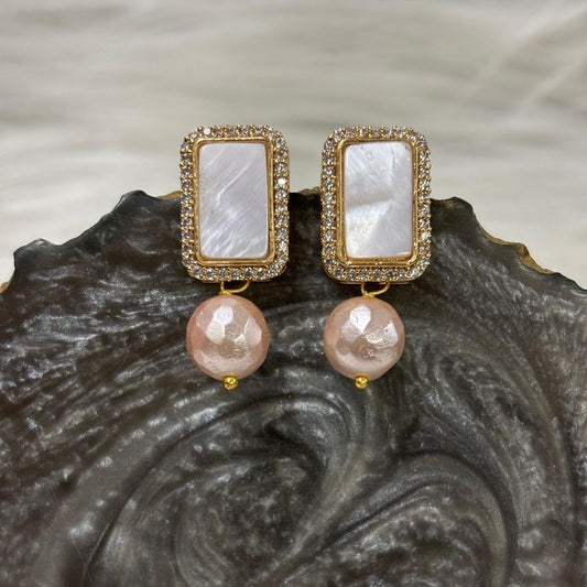 Gold-Plated Rectangular Studs Earrings with Pearl Drop