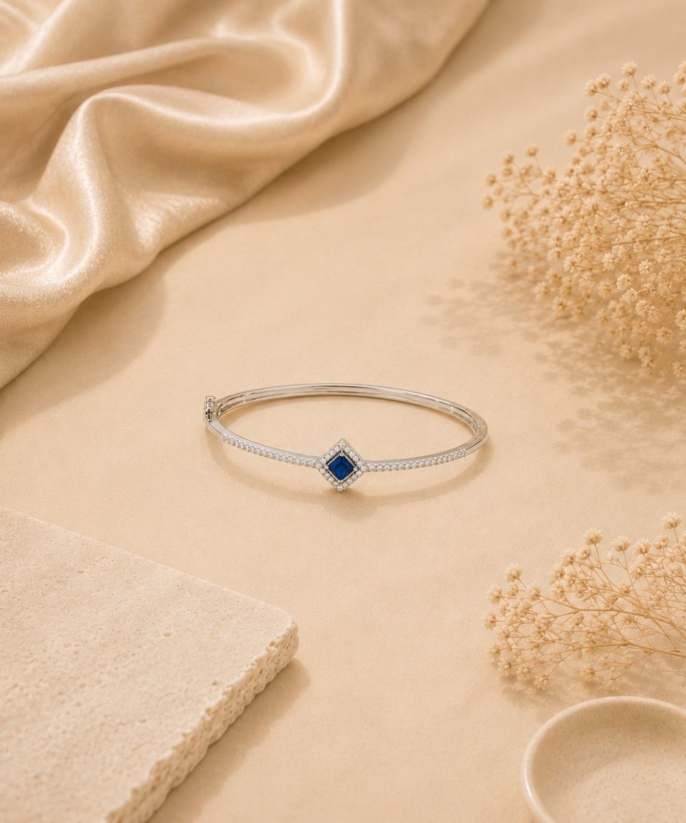 Rhodium Plated Blue Cubic Zirconia Halo Style Bracelet