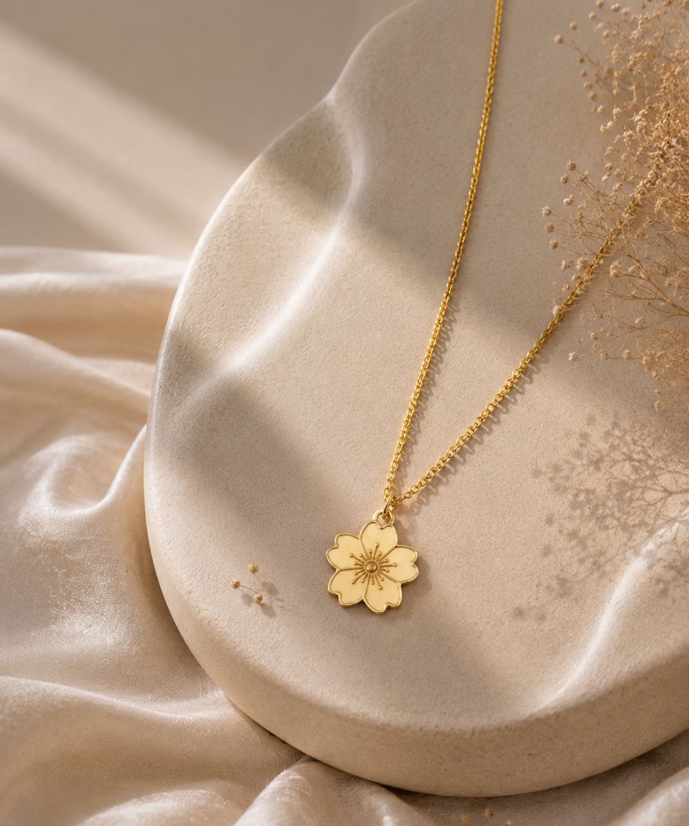Gold Plated Beige Flower Pendant Necklace