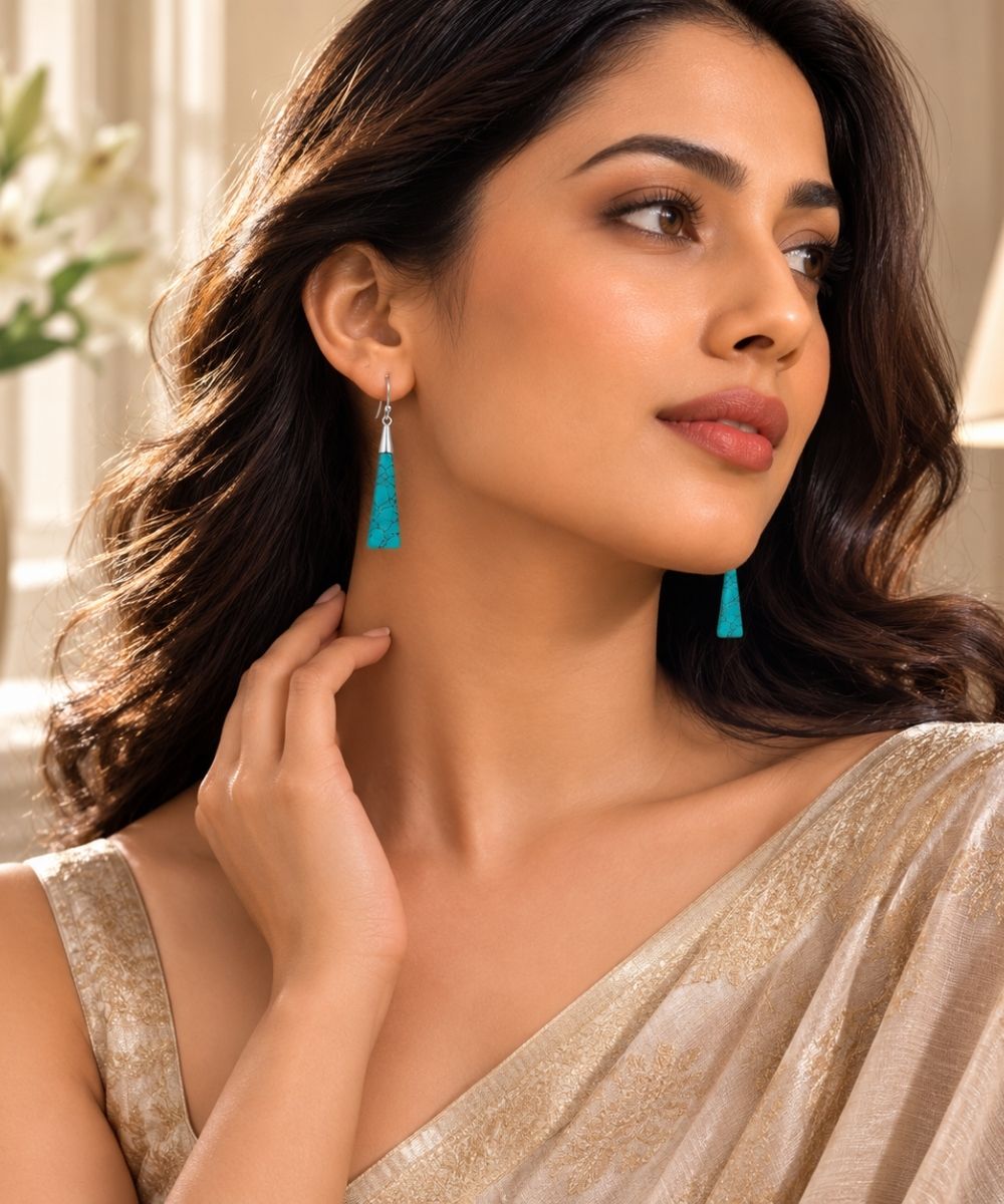 Rhodium Plated Turquoise Stone Dangle Earrings