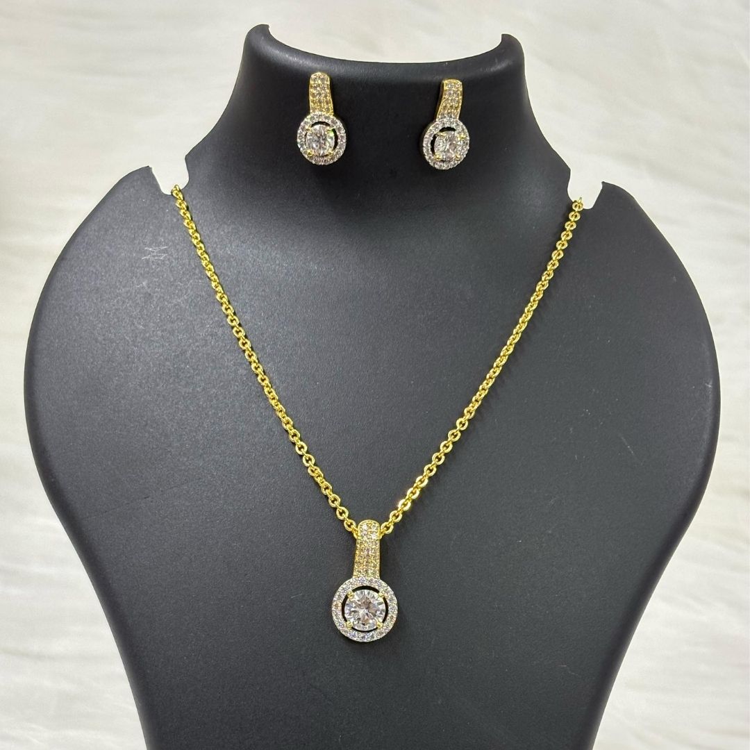 Gold Plated Halo Cubic Zirconia Pendant & Stud Earrings Set