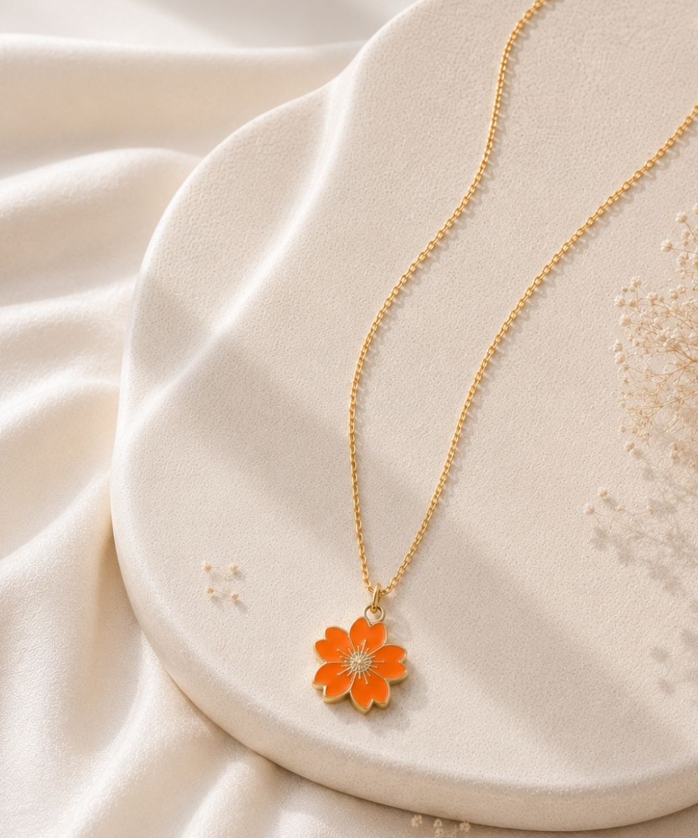 Gold Plated Orange Flower Pendant Necklace