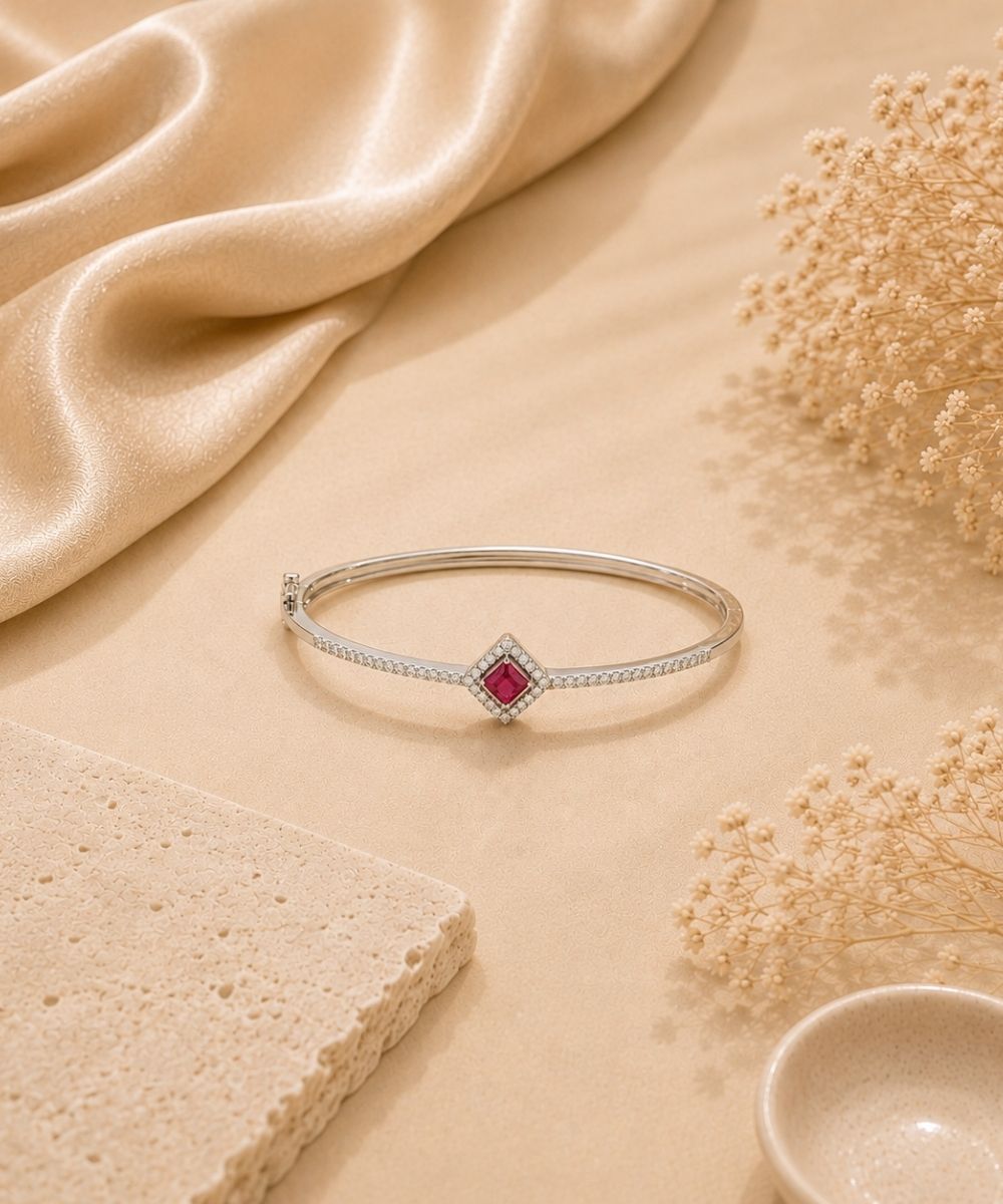 Rhodium Plated Pink Cubic Zirconia Halo Style Bracelet