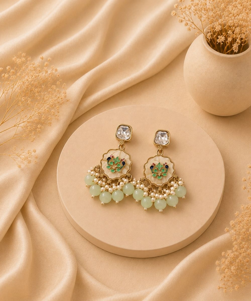 Gold Plated Kundan Green Pearl Drop Earrings