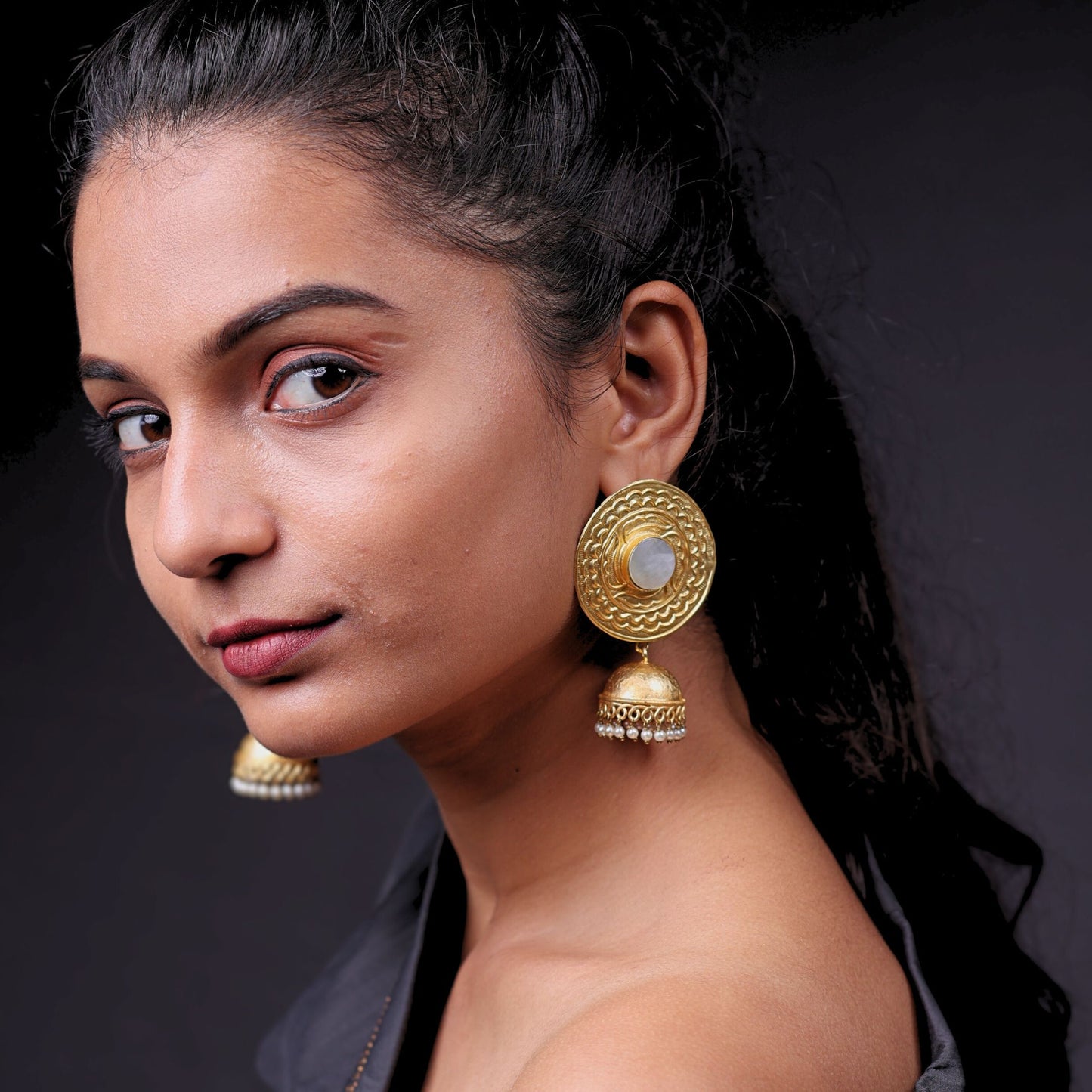 Bdiva 18K Gold Plated Intricately Carved Jhumka Earrings with Mother of Pearl.