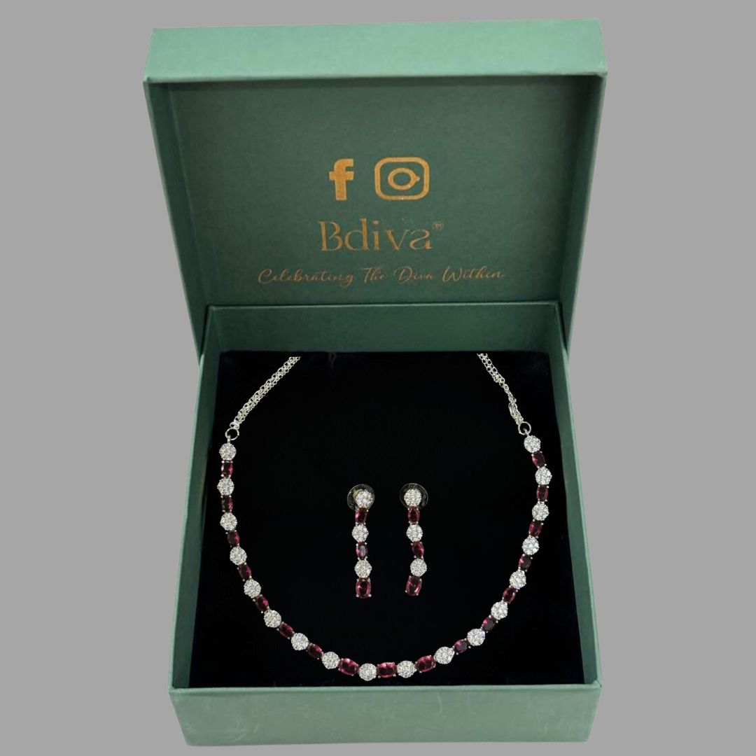 Red Ruby and Cubic Zirconia Rhodium-Plated Choker & Earrings Set
