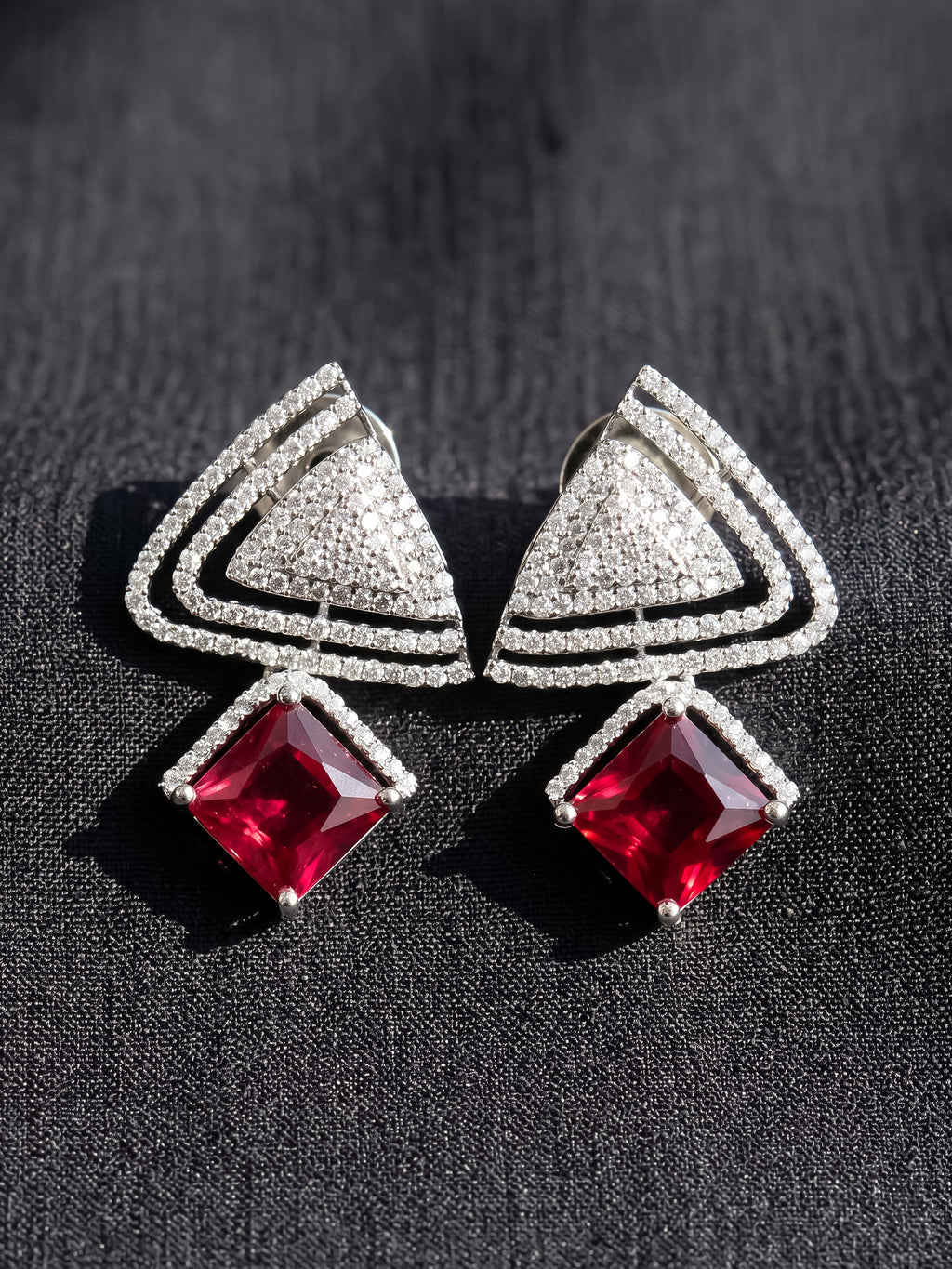 Rhodium Plated Red Ruby Earrings