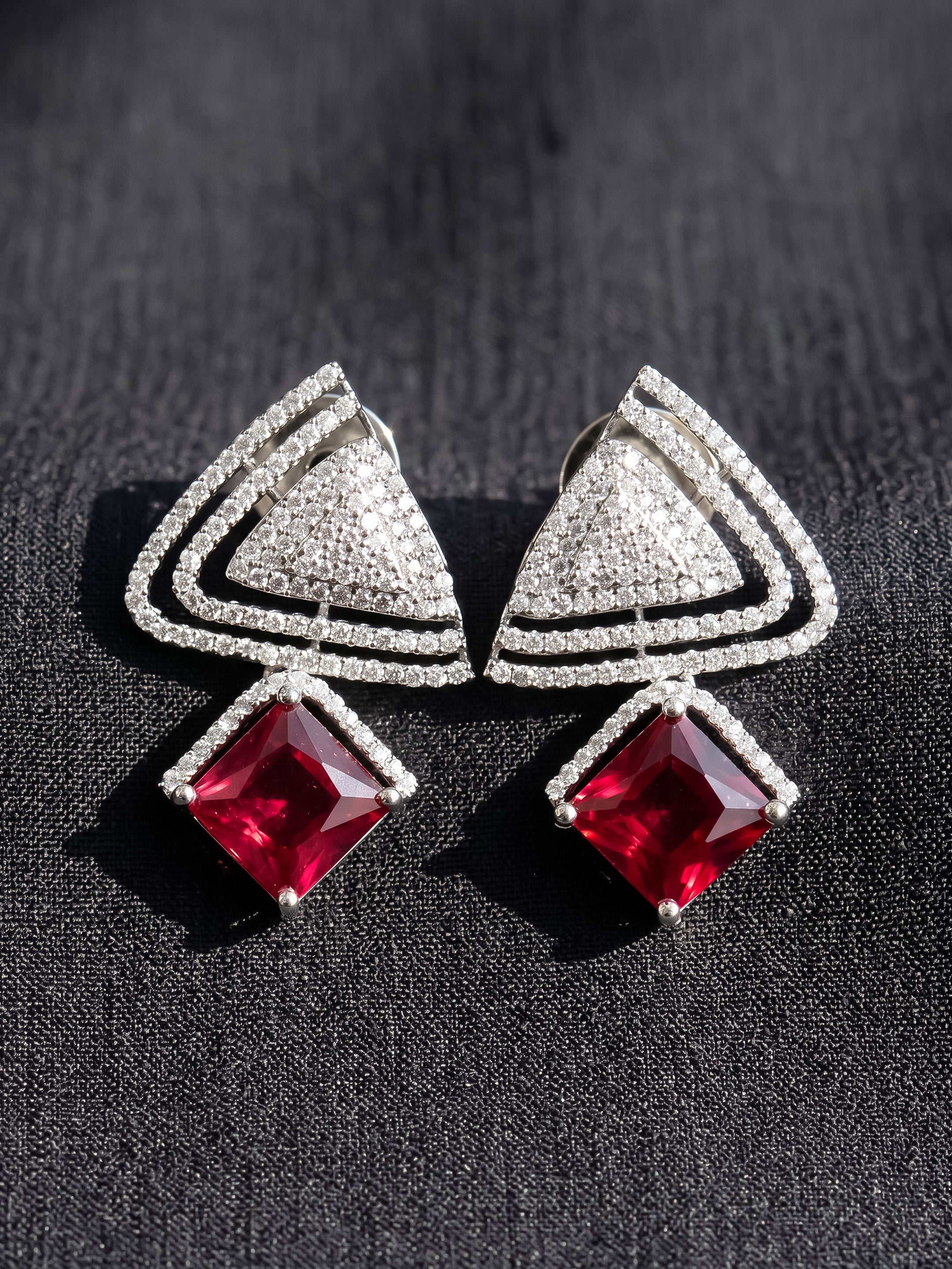 Rhodium Plated Red Ruby Earrings