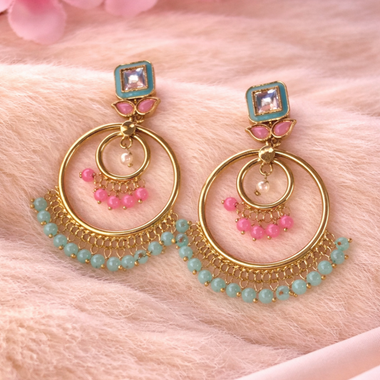 Gold-Plated Kundan Hoop Pearl Earrings
