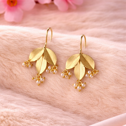 Gold-Plated Leaf Pearl Dangle Earrings