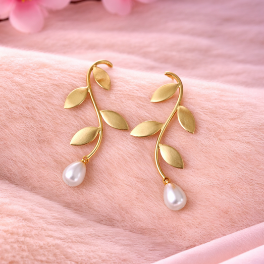 Gold-Plated Leaf Pearl Dangle Earrings
