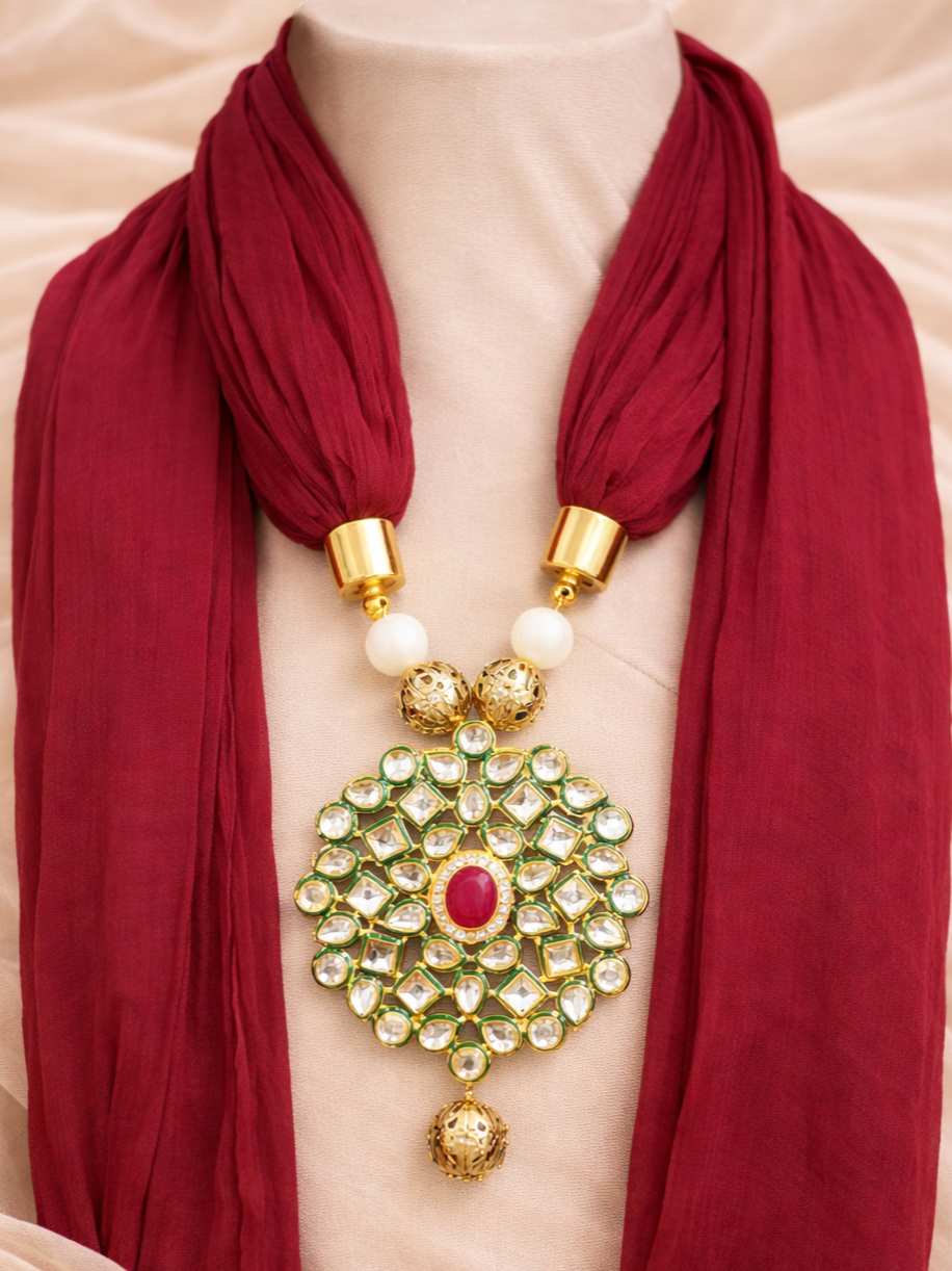 Maroon Georgette Scarf With Kundan Motif
