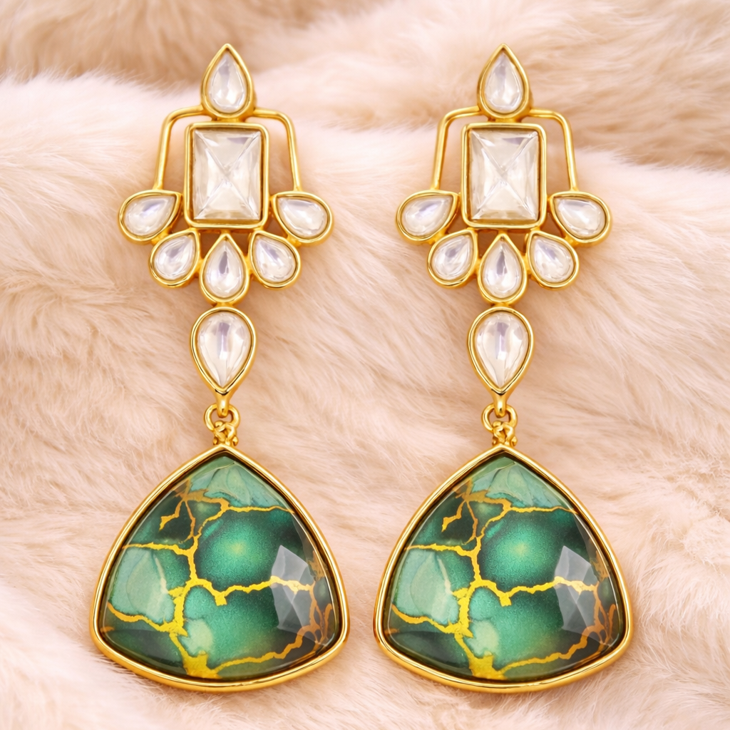 Gold Plated Green Kundan Earrings