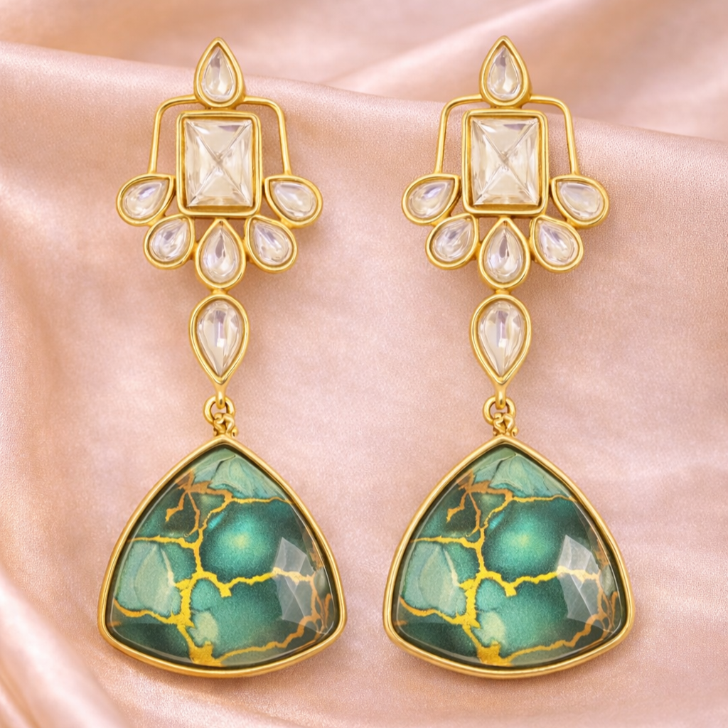 Gold Plated Green Kundan Earrings
