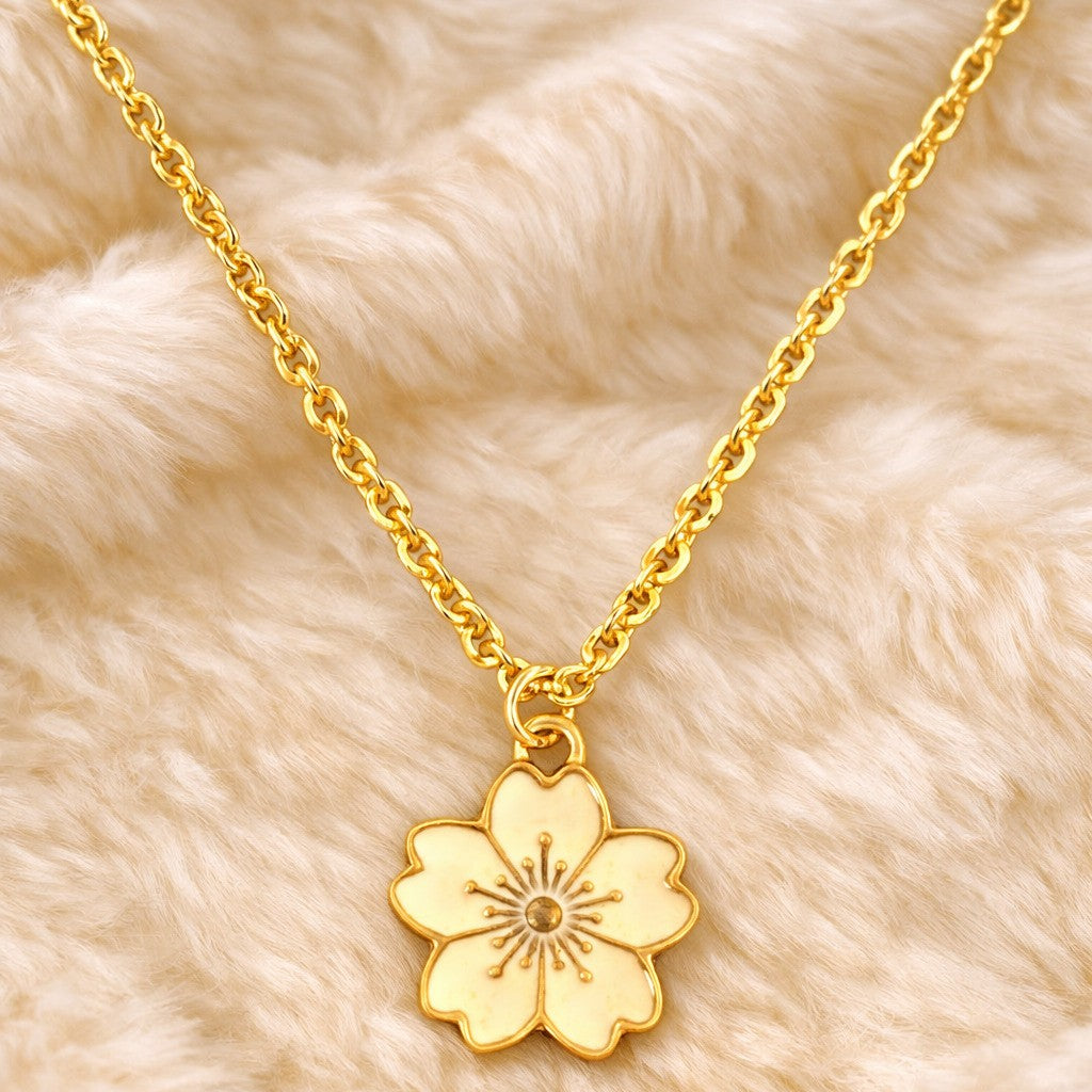 Gold Plated Beige Flower Pendant Necklace
