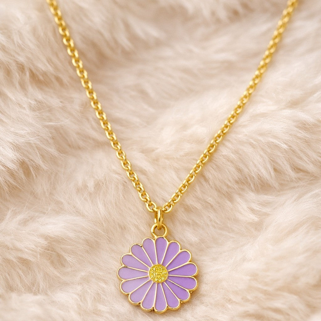Gold Plated Purple Flower Pendant Necklace